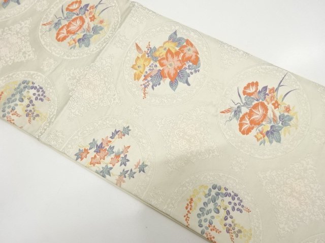 アンティーク　丸に朝顔・秋草模様織り出し袋帯（材料）